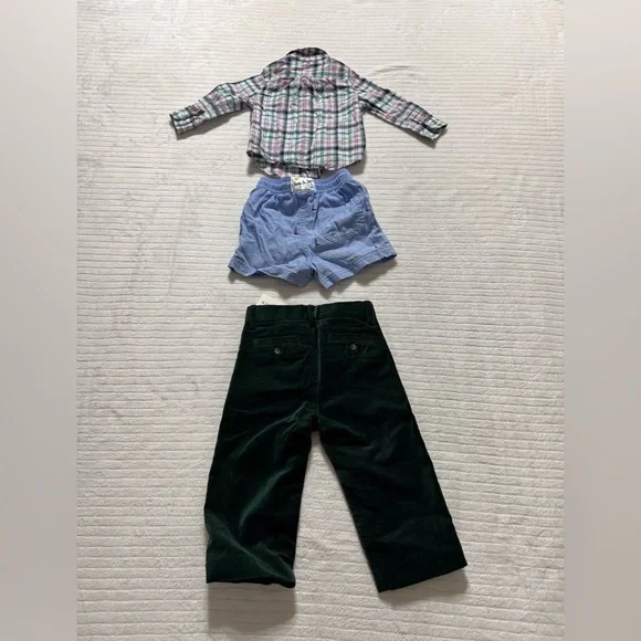 Janie and Jack Plaid Shirt, Blue Shorts, and Green Pants Set - Picture 7 of 7